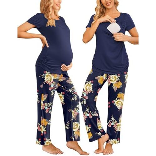 Ekouaer Women Maternity Nursing Pajama Set Breastfeeding Sleepwear Set Short Sleeve Top & Pants Postpartum Pajamas