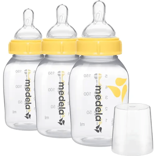 Medela Slow Flow Feeding & Storage Bottles, 3 Pack of 5 Ounce Bottle with Nipple, Lids, Wide Base Collars, and Travel Caps, Made Without BPA