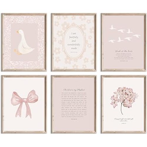 Nursery Christian Wall Art Bible Verse Prints Pink Girl Nursery Room Canvas Wall Decor Coquette Bow Poster Jesus Boho Scripture Pictures Vintage Floral Artwork for Bedroom 12x16x6 Inch Unframed