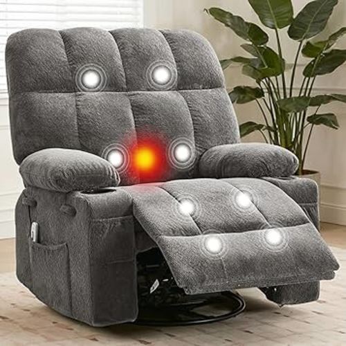 IDEALHOUSE Rocking Recliner Chair with Heat, 38.5" Oversized Swivel Rocker Recliner with Massage, Side Pockets & Cup Holders, Reclining Sofa for Living Room, Bedroom (Grey, Terry Cloth)