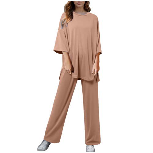 Summer Pajamas for Women Set – Lightweight Cotton Loungewear, Cozy Sleepwear for Hot Nights Women 2 Piece Casual Short Sleeve Pullover Top And Wide Leg Pants Casual Suit Sportswear