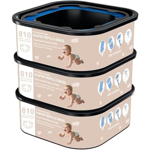 Jumbo Square Refills Disposal Bags Refill Compatible with Compatible with Diaper Genie Classic, Compact and Select Pails,Hold Up to 810 Newborn-Sized Diapers Per Refill, Pack of 3