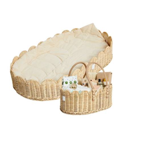 BEBE BASK - Artisan-Crafted Scalloped Nursery Set - Rattan Diaper Caddy Organizer and Baby Changing Basket - Premium Scallop Rattan Baskets