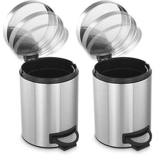 Trash Can with Lid 2PC - 5Liter/1.3 Gallon Stainless Steel Trash Can with Odor Protection Kitchen Garbage cans with Soft-Close Foot Pedal for Bathroom Home Office(2pc)