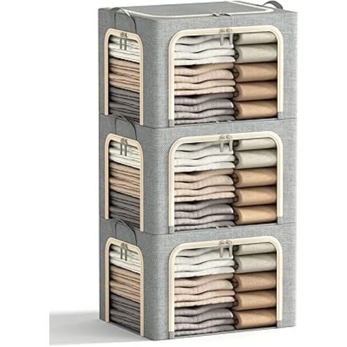 3 Openings Clothes Storage Bins with Metal Frame, Foldable Storage Bin for Clothes, Clothing Storage Bins with Lid, Linen Storage Box With Clear Window＆ Zippers＆ Durable Handles.(3 Pcs,Light Grey,40L)