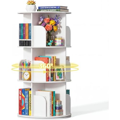 3 Tier Rotating Bookshelf Tower, Bookshelf for Small Space, White