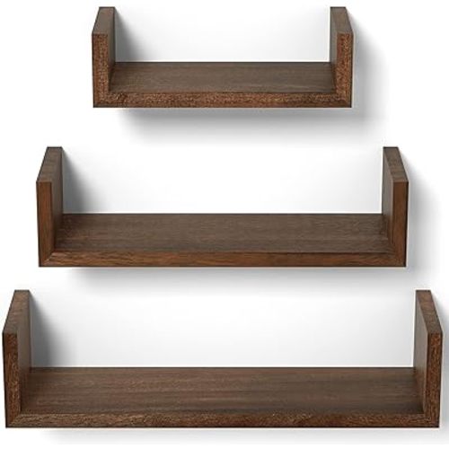 SRIWATANA Floating Shelves Wall Mounted, Solid Wood Wall Shelves Set of 3, Dark Brown…