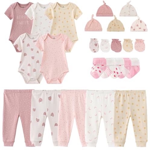 MAMIMAKA Newborn Layette Gift Set Bodysuits Pants for Baby Girl and Boy 24 Piece 100% Cotton Essentials and Accessories