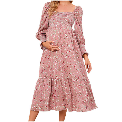Gakvov Plus Size Maternity Dress - Casual, Floral Chiffon Long Sleeve Square Collar Dress