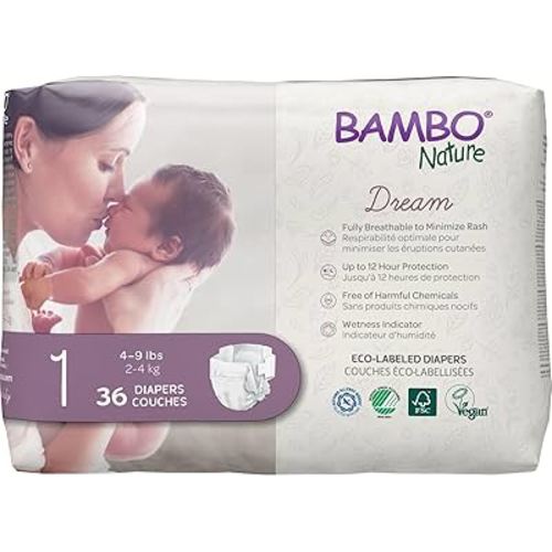 Bambo Nature Hypoallergenic Baby Diapers, Eco-Labelled Sustainable Diapers, Enhanced Leakage Protection, Totally Chlorine-Free, Skin Friendly, and Super Absorbent - Size 1 (36 Count)