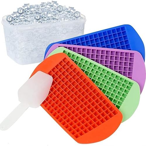 Four Mini Ice Cube Trays for Freezer with Bin and Scoop