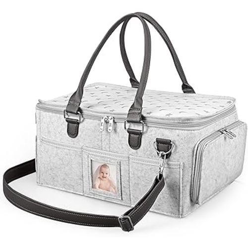 Crosize Baby Diaper Caddy Organizer, Large Nursery Storage Basket, Car Caddy for Diapers and Baby Essentials, Nursery Storage Bin with Handles and Zip Cover, Gray