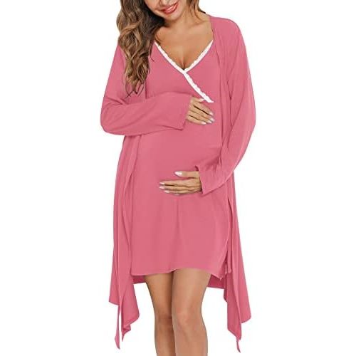 SWOMOG Womens Maternity Robe 2 Piece Nursing Nightgown for Breastfeeding 3 in 1 Labor Delivery Nursing Dress Lace Bathrobe