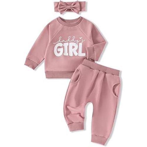 AMAWMW Infant Baby Girl Clothes Long Sleeve Loose Sweatshirts Pockets Pants Headband Outfits Fall Winter Spring Gift
