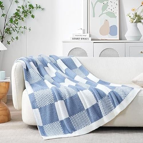 Snuggle Sac Checkered Blanket, Blue Throw Blanket for Couch Checker Microfiber Fluffy Warm Fuzzy Cozy Soft Throw Blanket Reversible Checkerered Blankets for Sofa, Chair, Bed, 60x80 inches