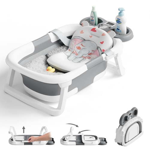 TUMAJUP Foldable Baby ‎Bathtub Elephant PP+TPE with Soft Cushion&Thermometer for 0-36 Months Toddler Gray