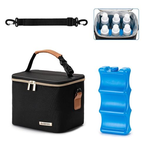 Breastmilk Cooler Bag with Ice Pack Fits 6 Baby Bottles Up to 9 Ounce, Baby Bottle Bag with Shoulder Strap for Nursing Mom Daycare, Black