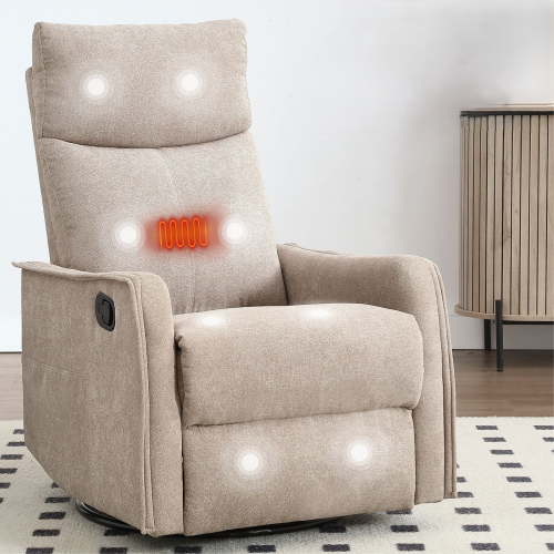 JXXRZ Heated Massage Swivel Rocker Recliner Chair w/ Manual Recline & Breathable Fabric, Khaki