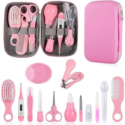 Baby Grooming Kit, Infant Safety Care Set with Hair Brush Comb Nail Clipper Nasal Aspirator,Baby Essentials Kit for Newborn Girls Boys (Pink)