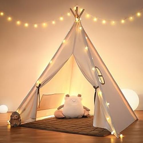 besrey Kids Tent, Teepee Play Tent with Lights and Padded Mat, Portable Cotton Tipi for Indoor Reading and Playtime