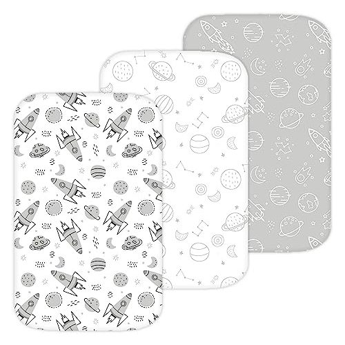 Bassinet Sheets for Mika Micky, Cuddor, Evolur Bedside Sleeper by TansyPanda, 3 Pack, 19 x 32 Inch, Ultra Soft, Breathable, and Snug Fit, Unisex Boys and Girls, Gray White (Space Rockets)