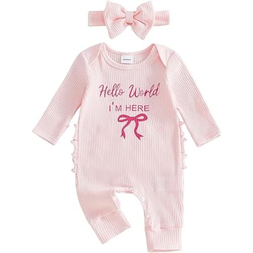 Honganda Newborn Baby Girl Coming Home Outfit Hello World I'm Here Jumpsuit Long Sleeve Ruffle Knit Romper with Headband