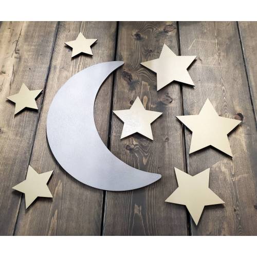Wooden Moon & Stars, Boho Nursery, Moon and Star Wall Art, Nursery Wall Art, Nursery Accents, Silver Moon, Golden Stars, Layered Wood Signs