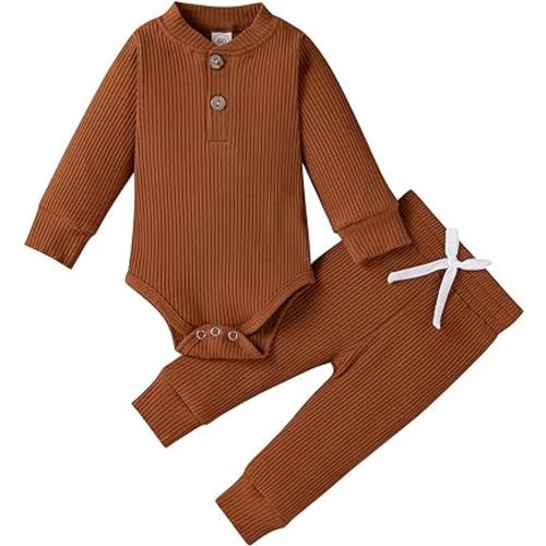 Newborn Baby Boy Girl Clothes Ribbed Knitted Cotton Long Sleeve Romper Long Pants Solid Color Fall Winter Outfits