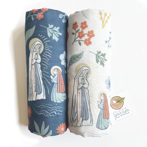 Our Lady of Lourdes and St. Bernadette Muslin Deluxe Swaddle | Catholic gift | Baptism | Virgin Mary blanket | Catholic Swaddle