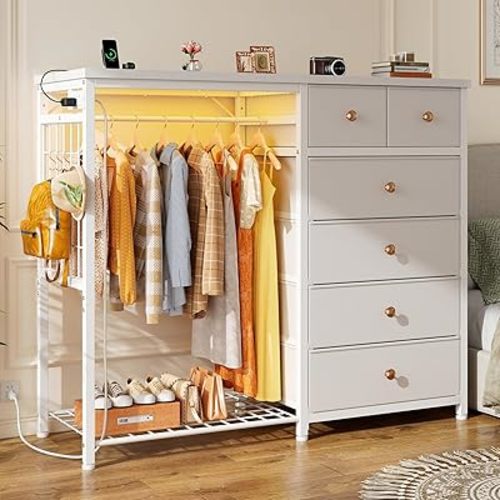 EnHomee 49.2" W White Dresser for Bedroom with Hanging Rack,6 Drawer Dresser with LED Lights & Charging Station, Fabric Dressers & Chest of Drawer with Clothes Rack, Wooden Top, Grid Panel, Closet