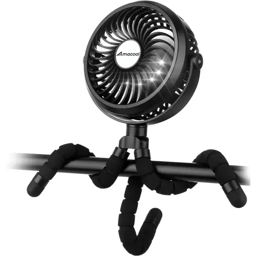 AMACOOL Battery Operated Stroller Fan Flexible Tripod Clip On Fan with 3 Speeds and Rotatable Handheld Personal Fan for Car Seat Crib Bike Treadmill (Black)