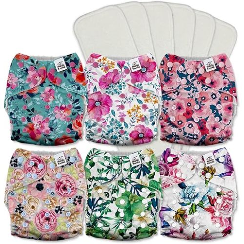 Mama Koala 3.0 Pocket Cloth Diapers for Babies with AWJ Lining, 6 Pack with 6 5-Layer Natural Cloth Diaper Inserts - Reusable and Washable Pocket Diapers(A-Bloomin' Lovely)