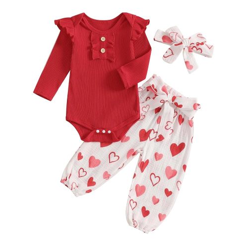Rtnnsbbfcm Newborn Baby Girl Valentine's + Outfit Long Sleeve Ribbed Romper Heart Print Pants Headband 3Pcs Set
