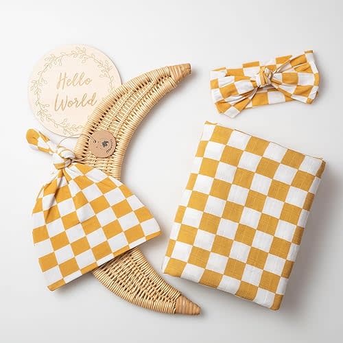Miaoberry 100% Organic Muslin Swaddle Set| Checkered in Mustard|Newborn Hospital Receiving Blanket Gender Neutral for Baby Girl n Boy
