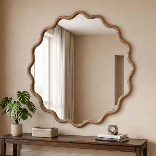 Easy4Home 30" x 30" Wavy Round Bathroom Mirror Wall Decor with Wooden Frame, Natural Wood