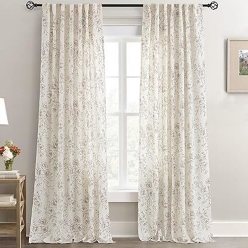 Coffee Floral Curtains 96 inch Length Back Tab Farmhouser Living Room Light Filtering Curtains Coffee Pattern Print on Cream White Linen Curtain Minimalist Aesthetic Sketch Style Vintage Room Decor