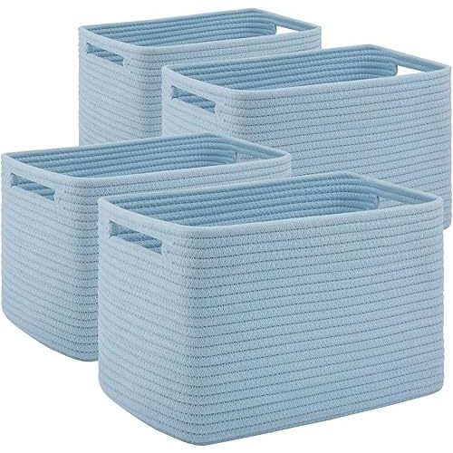 4 Pack Storage Baskets for Organizing Toys, Towels, and Clothes, Woven Basket for Shelves, Sturdy Nursery Cube Bins for Storage, 13''L x9''W x7.8''H, Blue