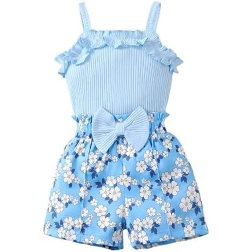 Kucnuzki Toddler Baby Girl Clothes Sleeveless Tank Tops Ruffle Halter Shirts Floral Shorts 2 Piece Set Summer Outfits