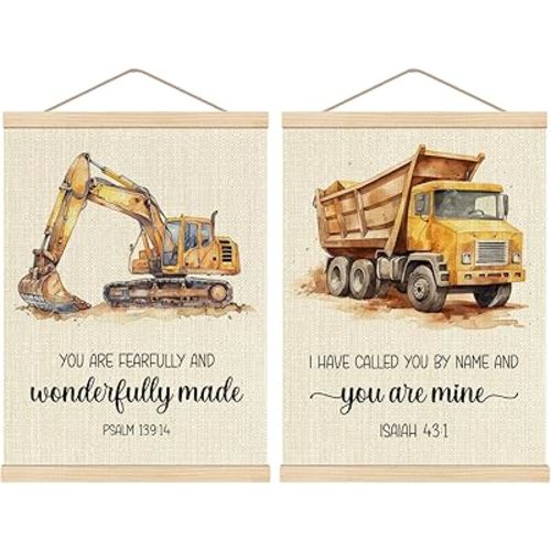 HKTZM Construction Decor for Boys Room, Construction Truck Christian Poster Hanger Frame 12.5×17 Inch, Bible Verse Scripture Hanging Wall Decor for Toddler Boy Room Playroom Nursery, Set of 2