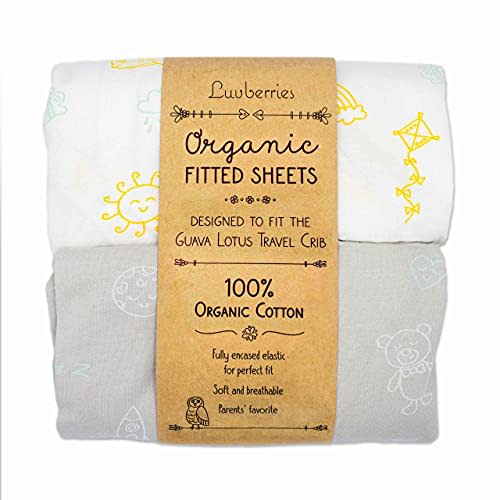 Guava Lotus Travel Crib Sheets (Set of 2) - 100% Organic Cotton Crib Sheets, Baby and Toddler, Fitted Crib Sheets, for Boys & Girls (for The New 4 TAB Mattress ONLY) (Day and Night)