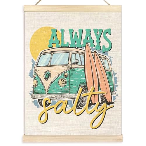 Ecezatik Beachy Room Decor Aesthetic, Always Salty Surfing Poster Hanger Frame, Surf Room Decor, Surf Wall Art, Beach Room Decor, Summer Decorations for Home, Outdoor Beach Decor, 12x16 Inches