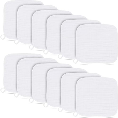 Baby Washcloths -100% Cotton Muslin Soft Baby Bath Wash Cloths and Absorbent Baby Wipes for Newborns Kids Girls and Boys - 12 Pack, 12x12 Inches - White