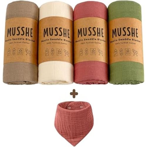 Muslin Swaddle Blankets - 4 Pack, 100% Organic Turkish Cotton Baby Blankets, Soft & Breathable Newborn Swaddles, Baby Wrap for Boys & Girls, Ideal for Sensitive Skin (4 Pcs, 40x40 Inch)