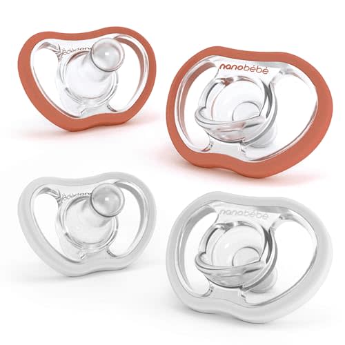 Nanobebe Active Baby Pacifiers 4-36 Months - Orthodontic, Lightweight and Vented, Curves Comfortably with Face Contour, 100% Silicone - BPA Free, Perfect Baby Registry Gift 4pk, Clay/White