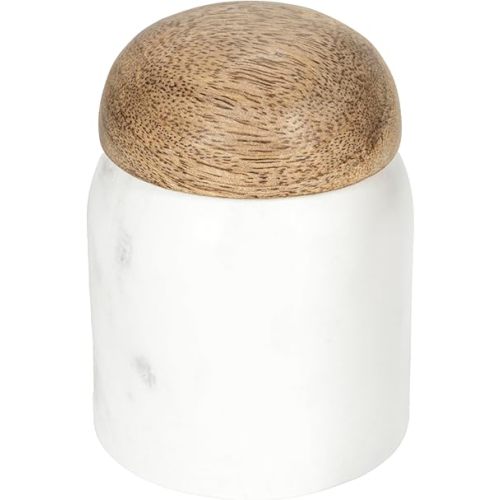 Creative Co-Op Marble and Mango Wood Pinch Pot with Lid, White and Natural