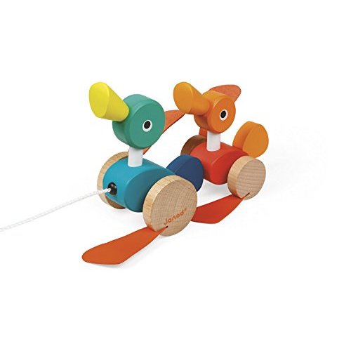 Janod Zigolos Pull Along Duck Family Early Learning and Motor Skills Toy with Flapping Feet Made of Beech and Cherry Wood for Ages 12 Months+