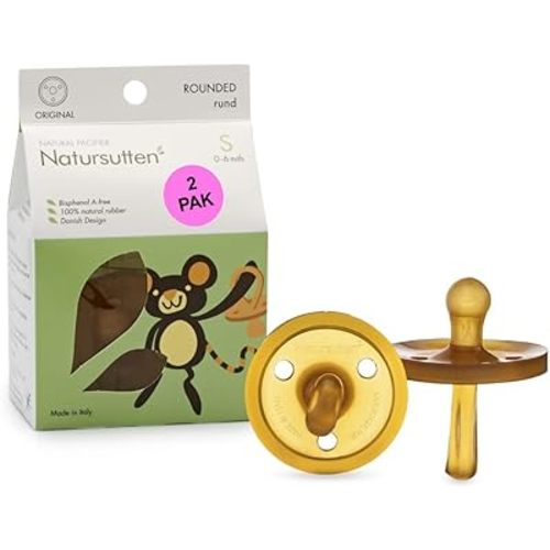 Natursutten Pacifiers 0-6 Months - 2-Pack Original Shield Round Nipple Natural Rubber Safe & Soft BPA-Free Pacifiers for Breastfeeding Babies - Newborn Pacifiers Made in Italy