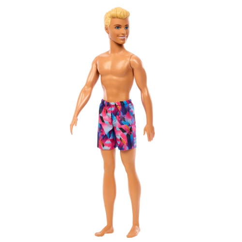 Barbie Beach Day Ken Doll with Blond Hair Wearing Purple Patterned Summer Swimsuit
