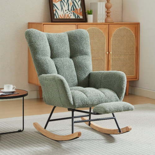 DUOSONG Modern Nursery Rocking Chair, Upholstered Glider Chair With High Backrest, Rocker Accent Armchair With Solid Wood Legs For Nursery Bedroom Living Room Green Green Teddy Rocking Chairs
