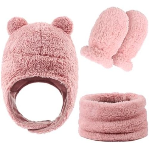 Fleece Baby Hat Scarf Mitten Set Winter Toddler Beanie Warm Mittens Infant Scarves Ears Earflap Hats for Baby Boys Girls